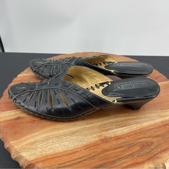 Pikolinos Leather Slides Mules Kitten Heel Cutout Contrast Stitch 38 (US 7.5-8) - Picture 1 of 13